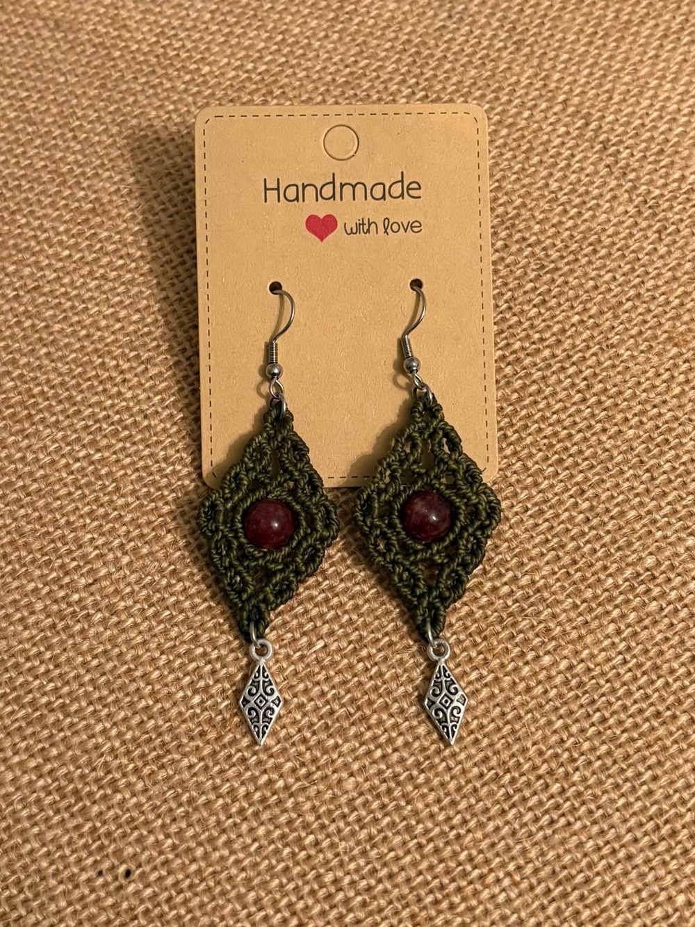 Handmade Olive Green Macrame Earrings with Garnet Bead
